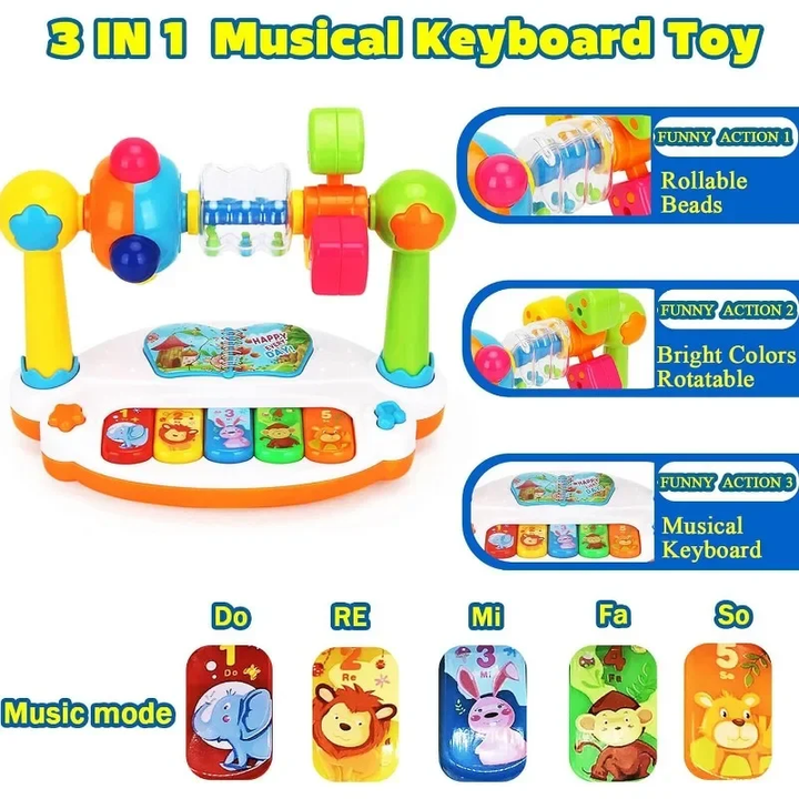 Toy piano feature chart showing rotating beads, spinning pieces and five musical keys