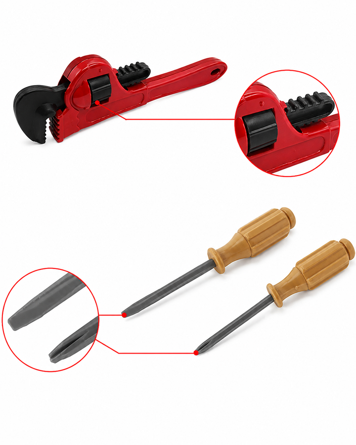 Toy pipe wrench and two screwdrivers with close-up views of their details.