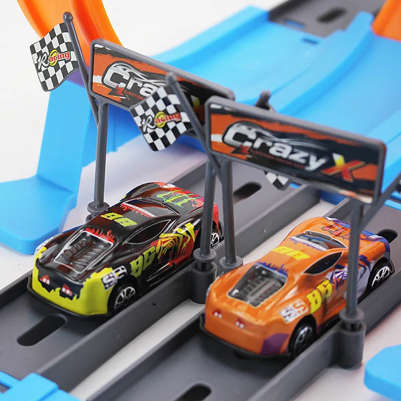 Two toy race cars beneath a checkered arch on black track lanes.