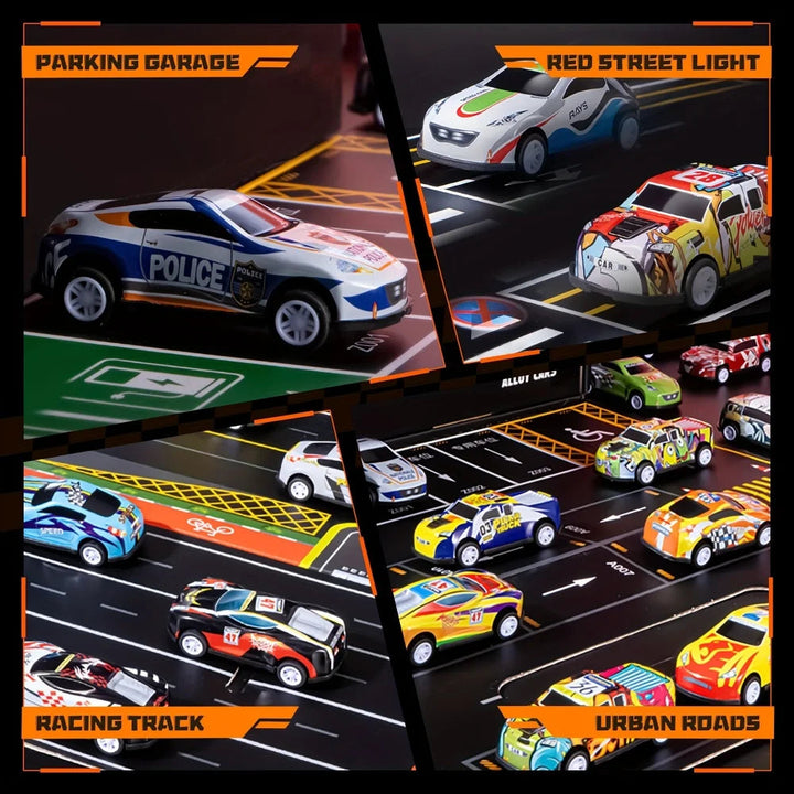Colorful toy cars on printed parking spaces, racing lanes, and city roads