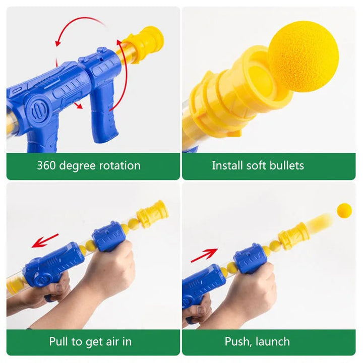 Four panels showing how to load a soft ball and operate the toy rifle&