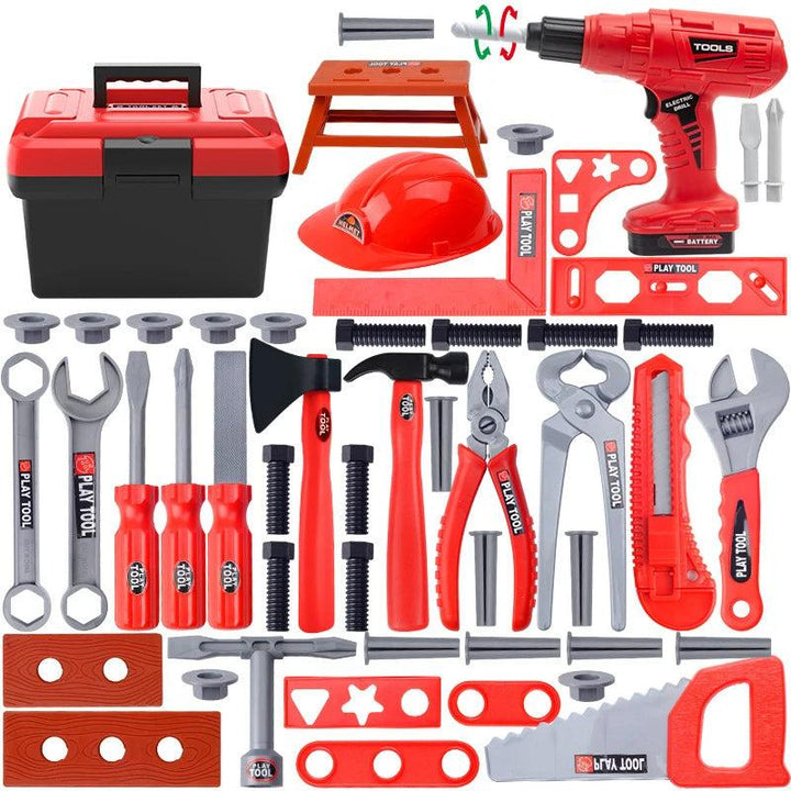 Red and gray toy tools with a drill, mini workbench, hard hat, fasteners, and black-and-red carry case