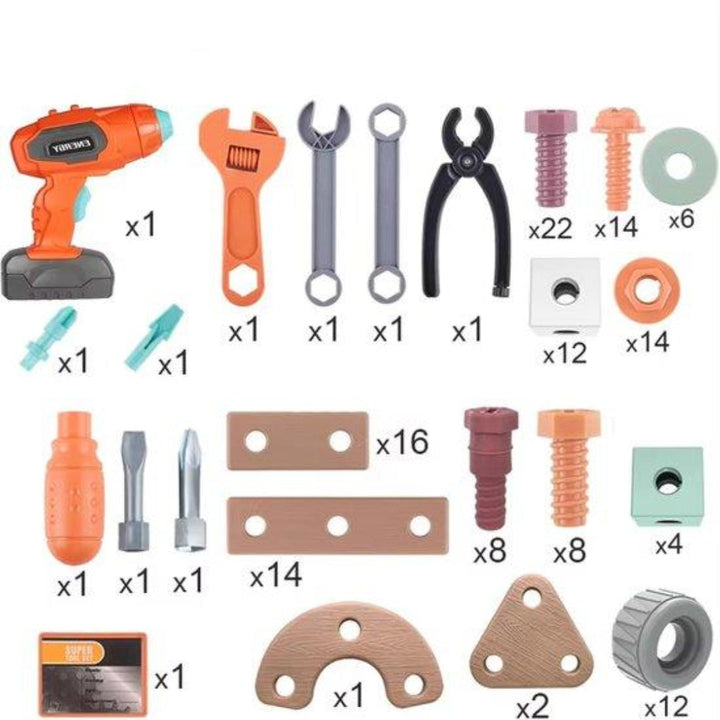 Contents chart showing the toy drill, hand tools, building pieces, fasteners, and quantities