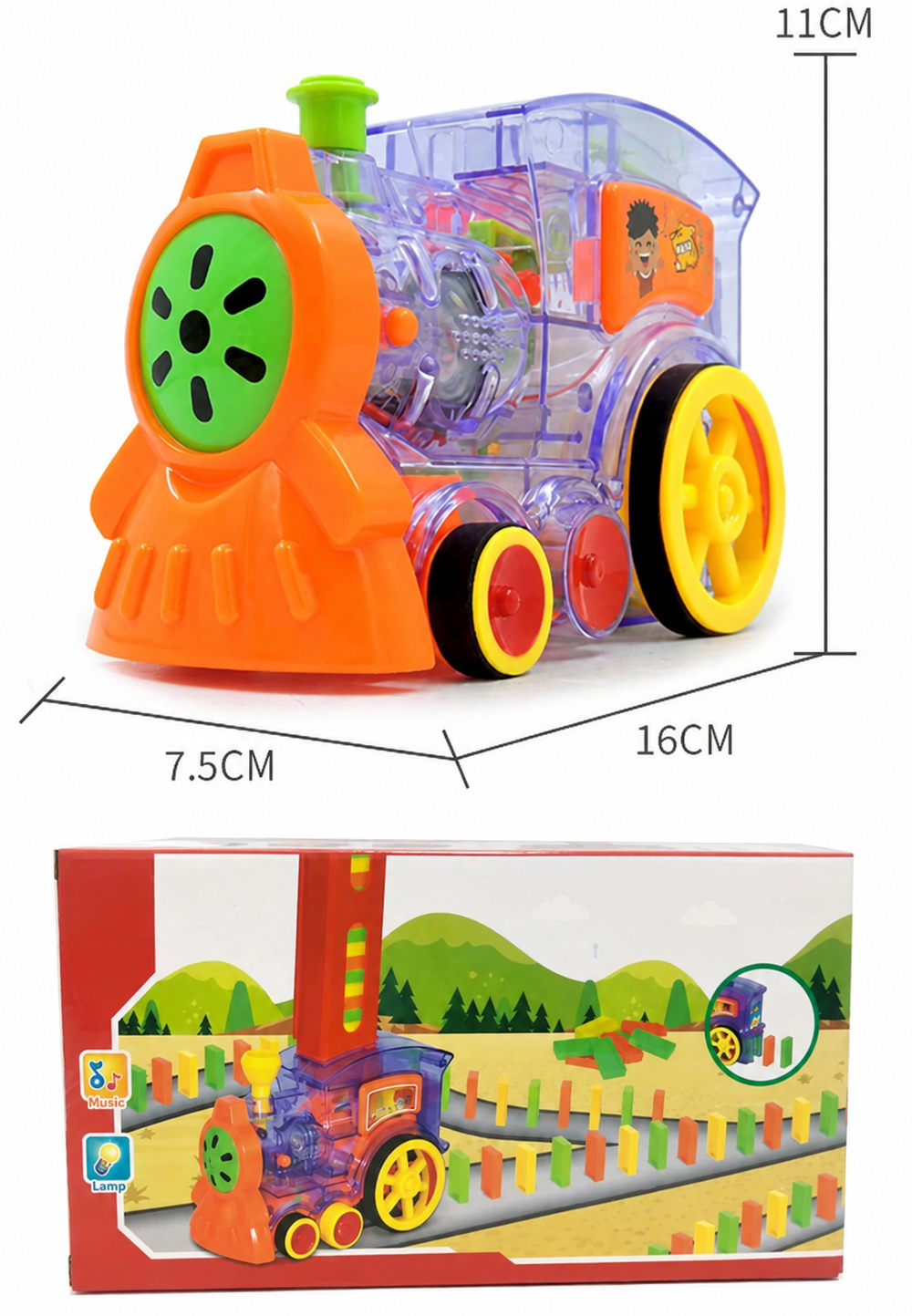Toy train measurements of 16 cm long, 7.5 cm wide, and 11 cm high, with its box below