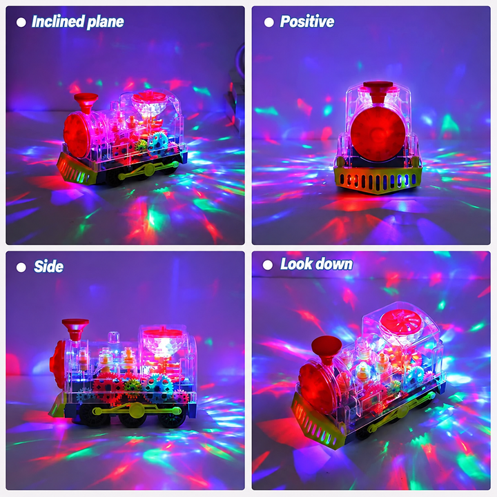 Toy train shown from four angles with multicolored lights shining across the surrounding floor.