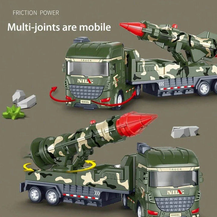 Green military toy truck with arrows showing the movable cab and rotating, tilting missile launcher.