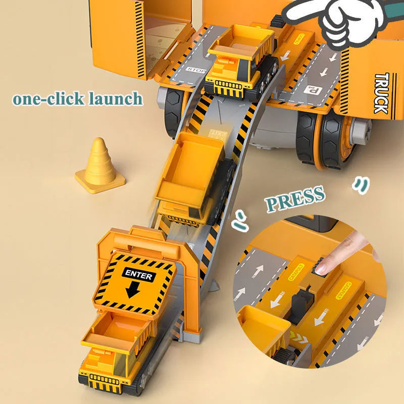 Yellow construction vehicle ramp carrying small trucks, with an inset of the press-to-launch button