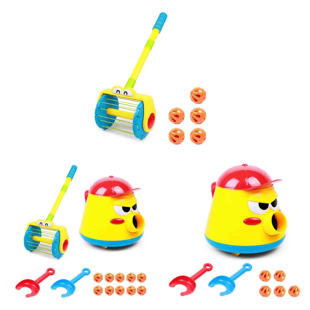 Toy vacuum, ball launcher, and combined set options with orange balls