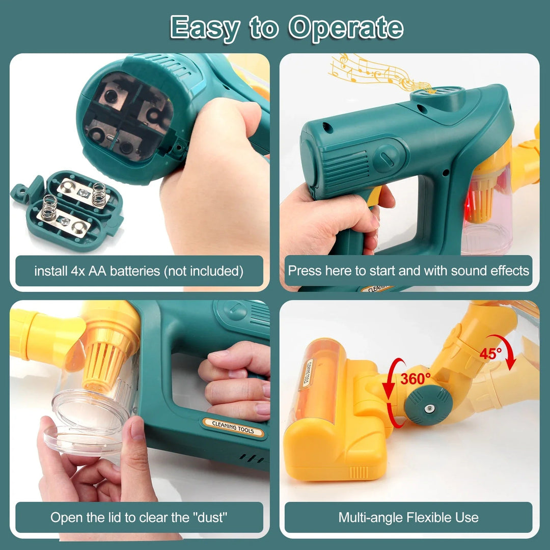 Toy vacuum battery compartment, sound button, opening dust cup, and adjustable floor head