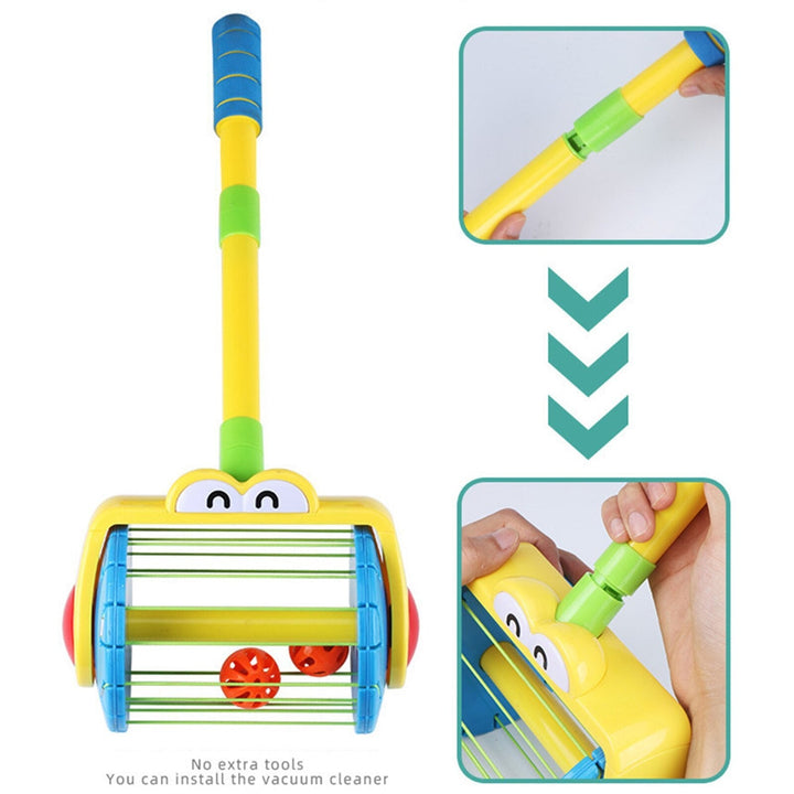 Toy vacuum with close-up views of the handle sections being connected