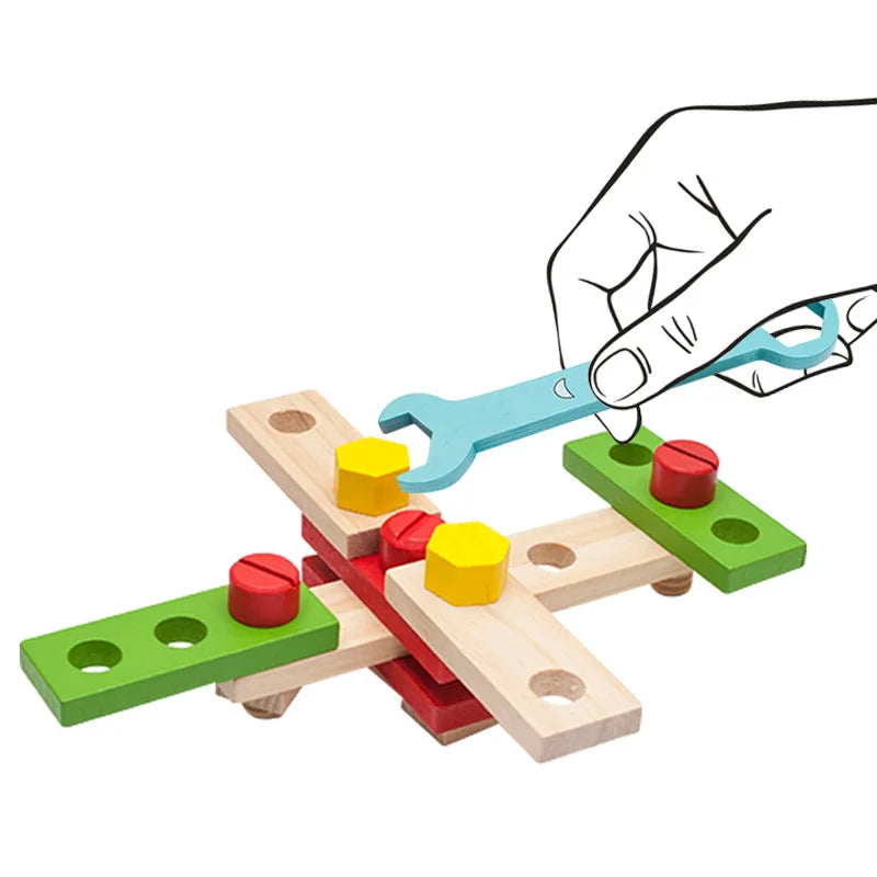 Illustration of a toy wrench turning a yellow nut on connected wooden building pieces