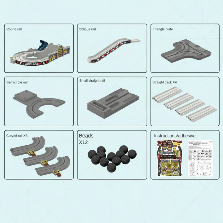 Track pieces, 12 black play balls, instructions, and stickers included with the construction set