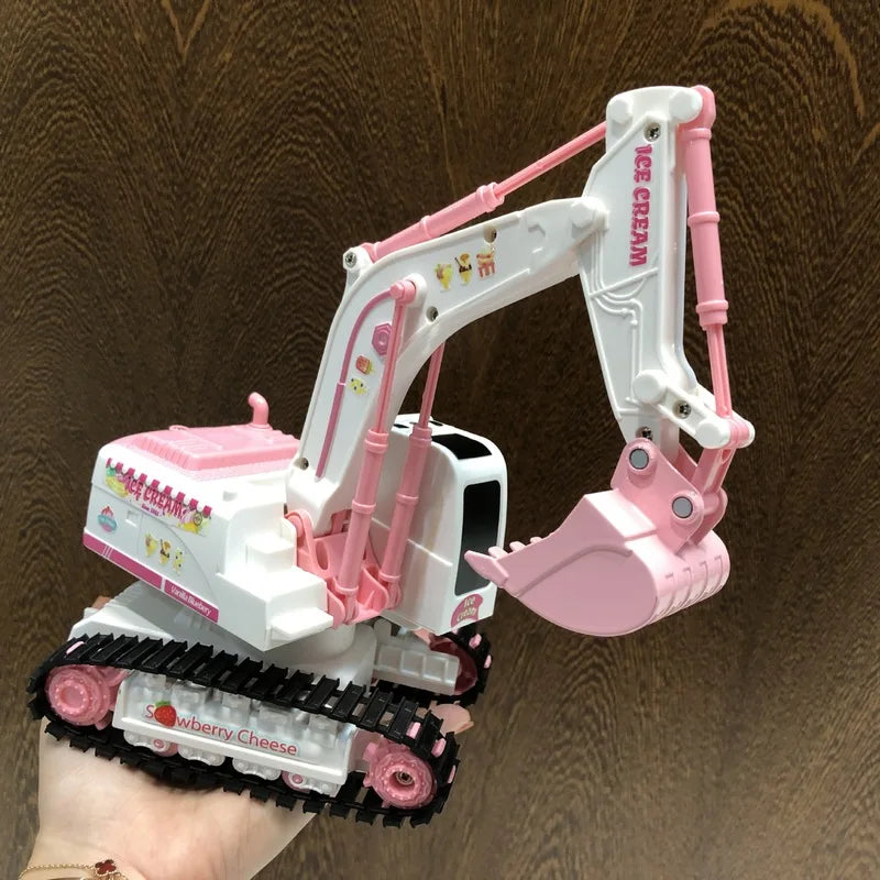 Pink-and-white tracked toy excavator resting on a hand for scale.