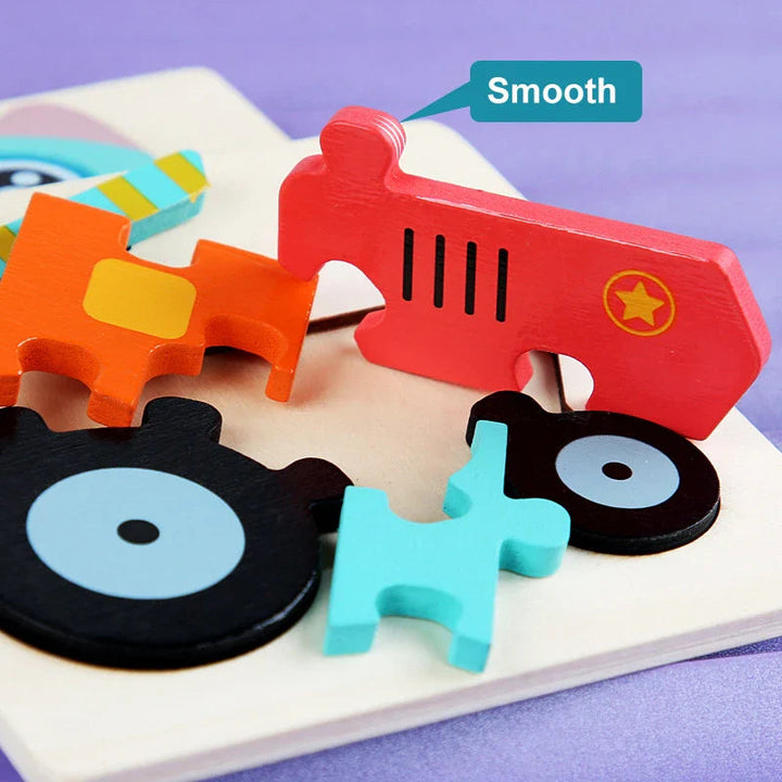 Tractor puzzle with wooden pieces lifted from the board to show their thickness