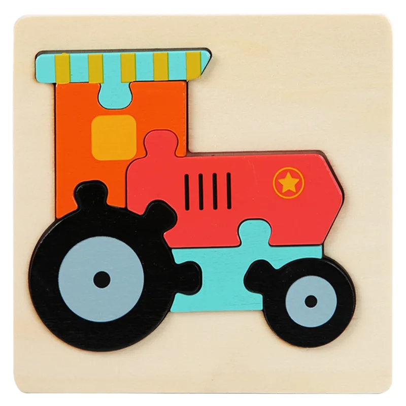 Tractor wooden jigsaw puzzle with a red body, striped roof, and black wheels