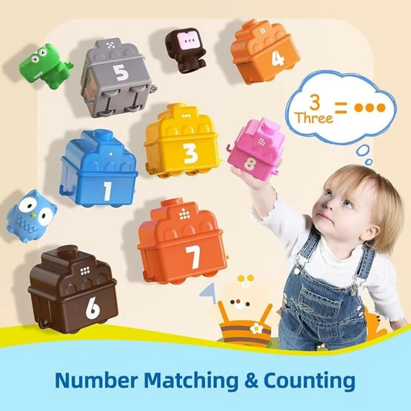Numbered train cars, animal figures, and counting dots shown alongside a child