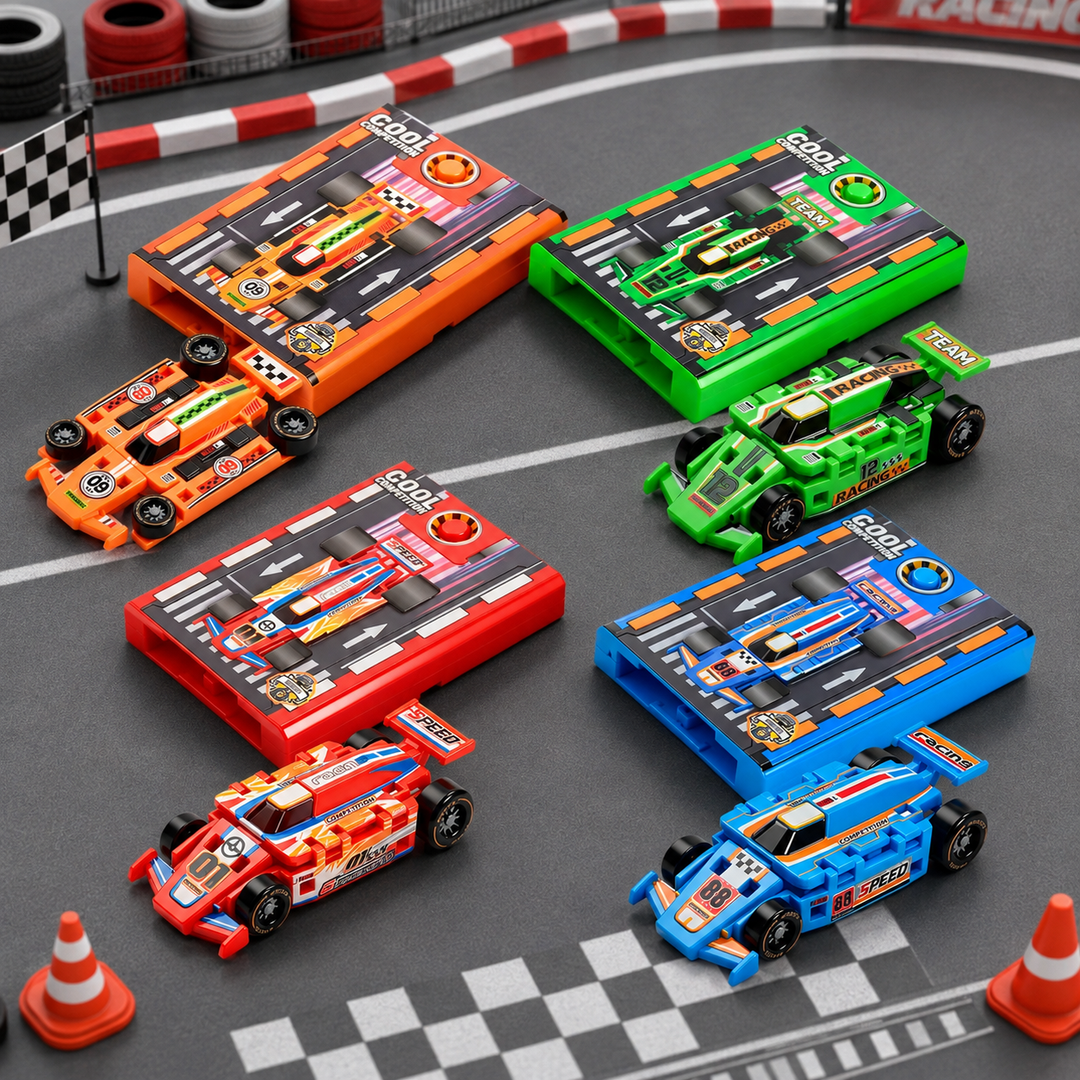 Red, blue, green, and orange transforming race cars beside matching launch bases on a racetrack display.