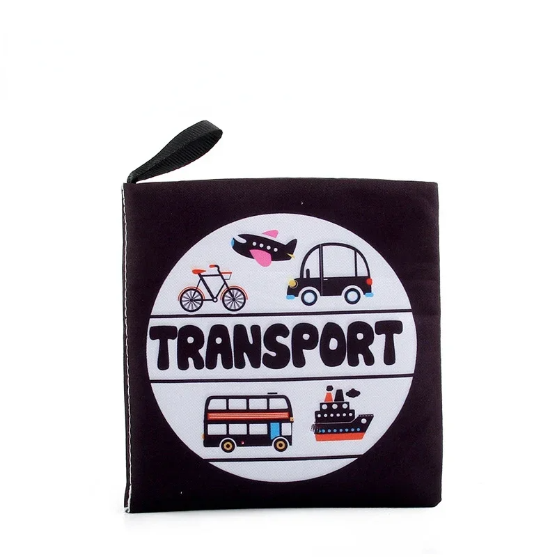 Transport fabric book with bicycle, airplane, car, train and boat illustrations