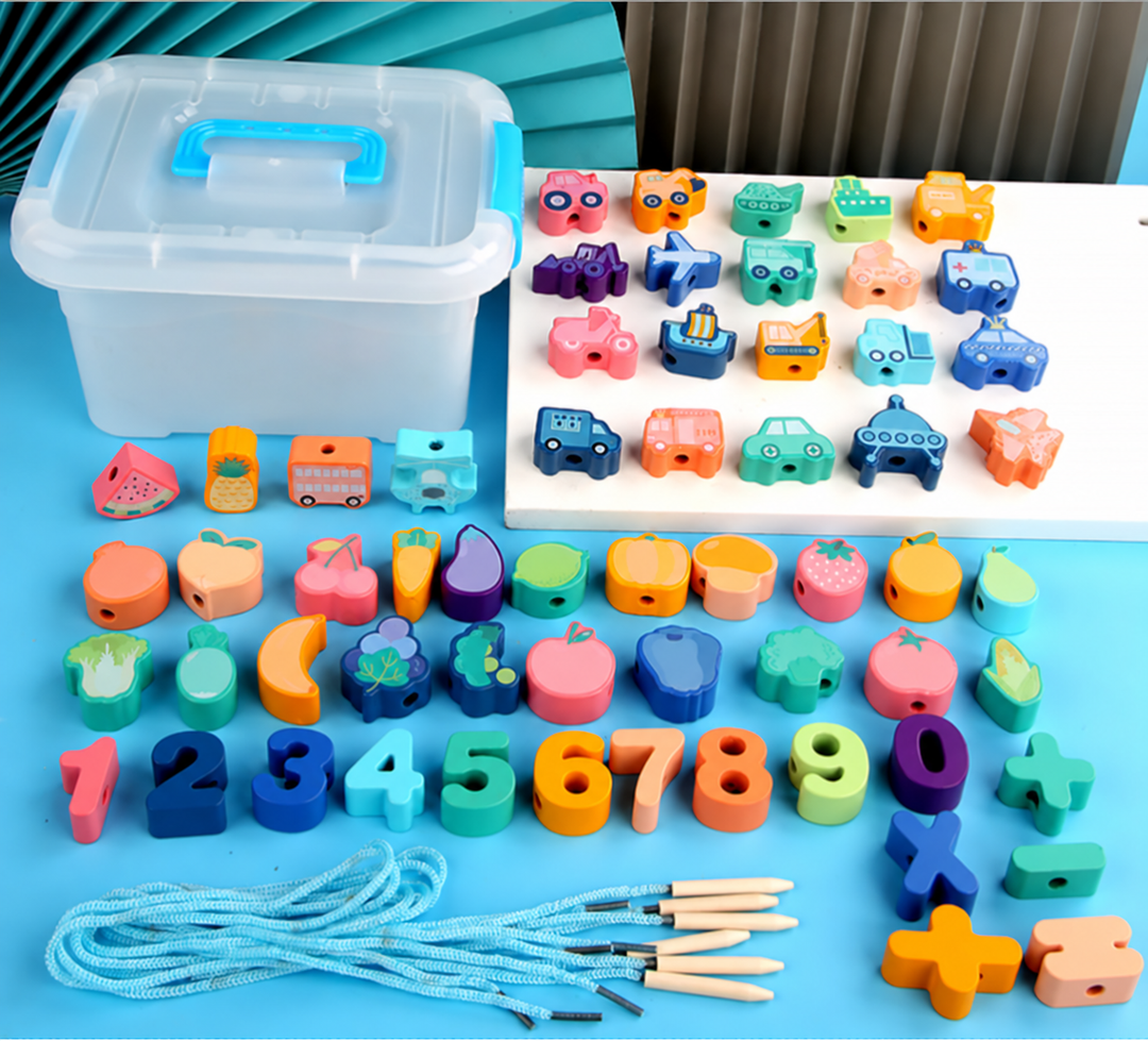 Vehicle and fruit bead set with number beads, threading cords, and a storage box