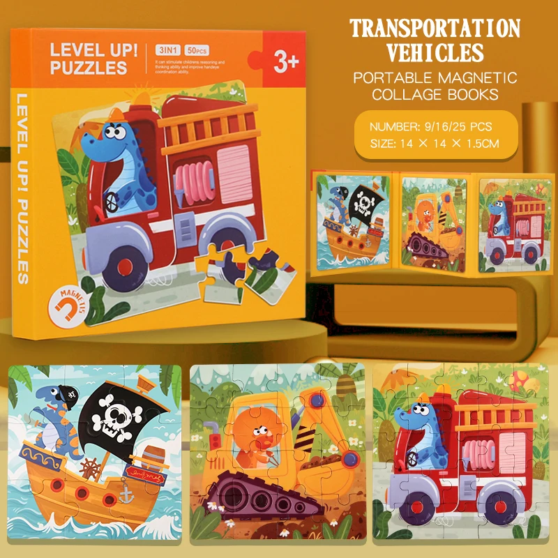 Transport puzzle book option with pirate ship, construction vehicle, and fire truck puzzles.