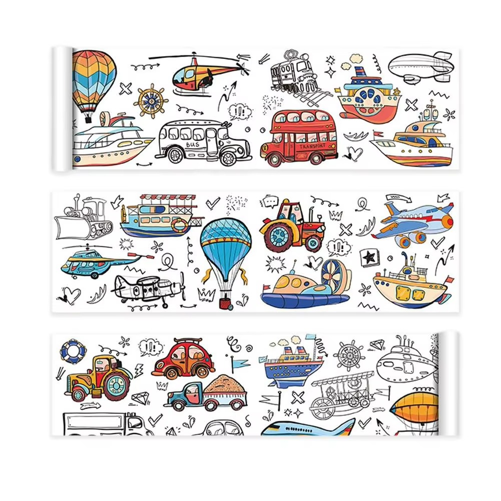Vehicle coloring roll with cars, trains, boats, and aircraft, shown partly colored