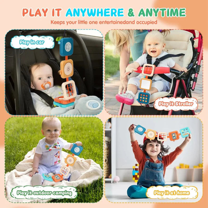 Children using the activity board in a car seat, stroller, outdoors, and at home