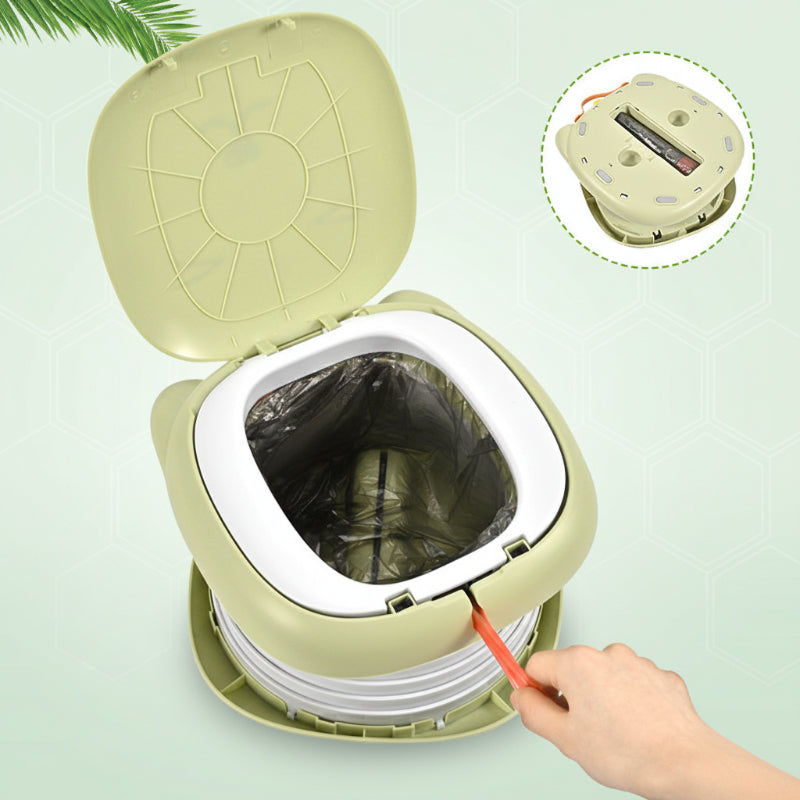 Open green travel potty with a liner bag and a close-up of the drawstring slot