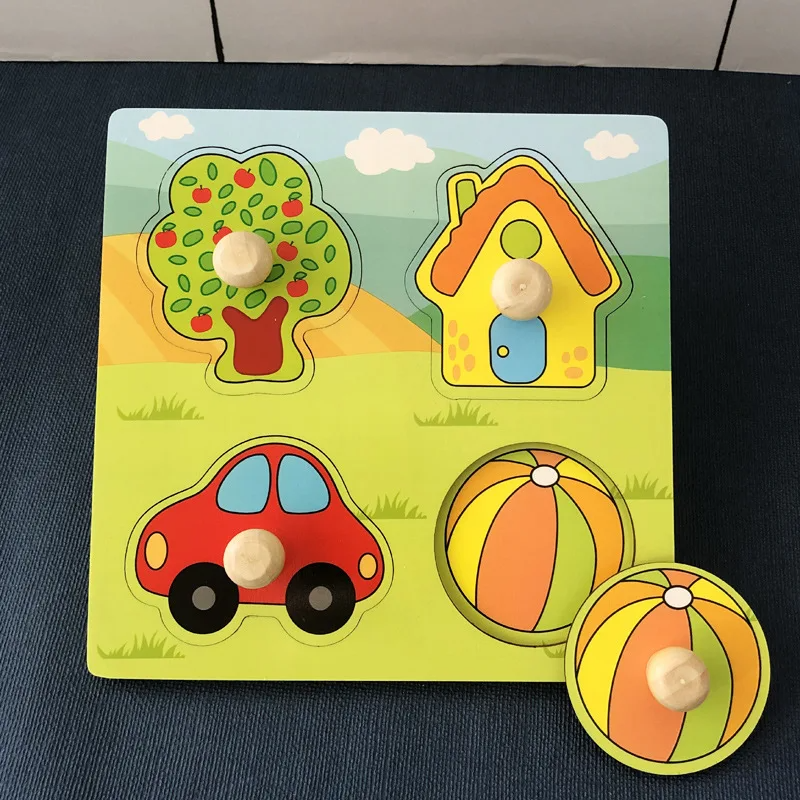 Wooden house scene peg puzzle with a tree, house, red car, and striped ball