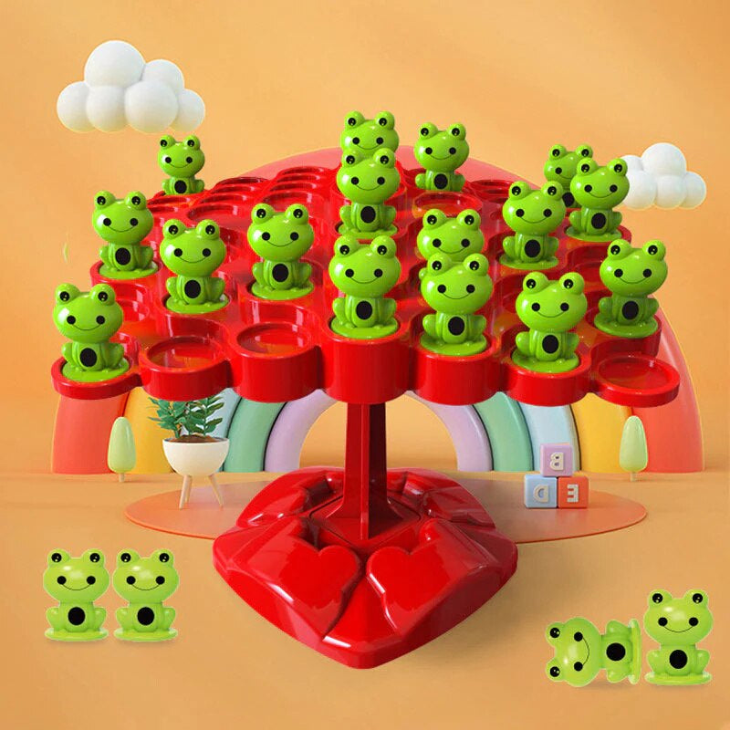 Red tree-shaped balancing board filled with green frog pieces, with extra frogs beside the base.