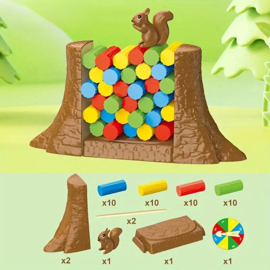 Squirrel balancing game above a layout of colored tokens, sticks, frame parts, a squirrel figure, and a spinner