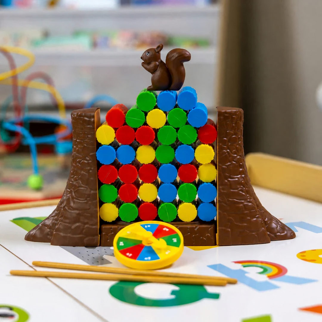 Squirrel balancing game set up on a table with colorful tokens, a spinner, and sticks