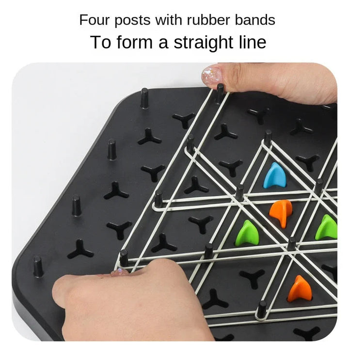 Close-up of hands stretching a rubber band in a straight line across four board pegs