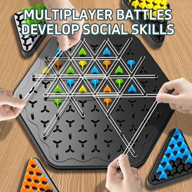 Players stretching rubber bands across a black pegboard with colorful pieces marking completed triangles