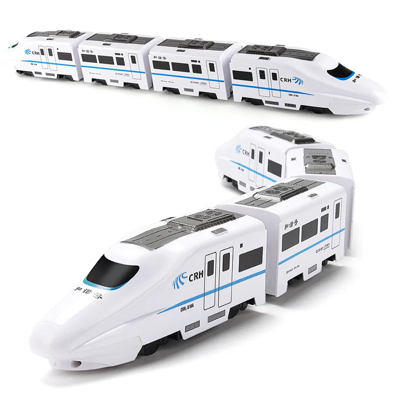 White and blue toy train shown in straight and curved arrangements