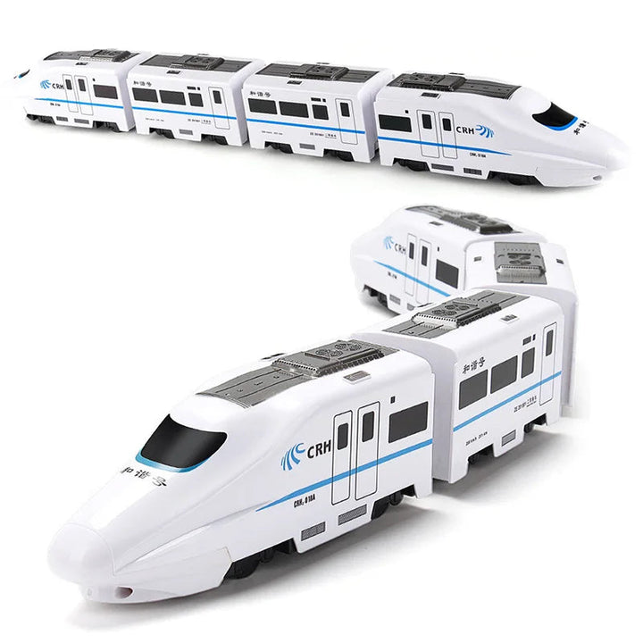 White and blue toy train shown in straight and curved arrangements