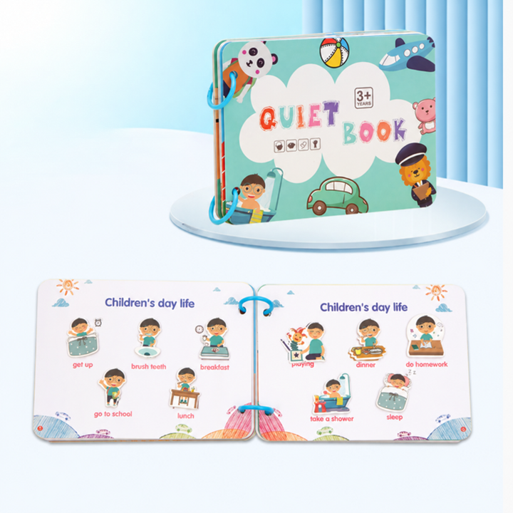 Turquoise activity book cover above an open spread showing school, meal, and bedtime routines