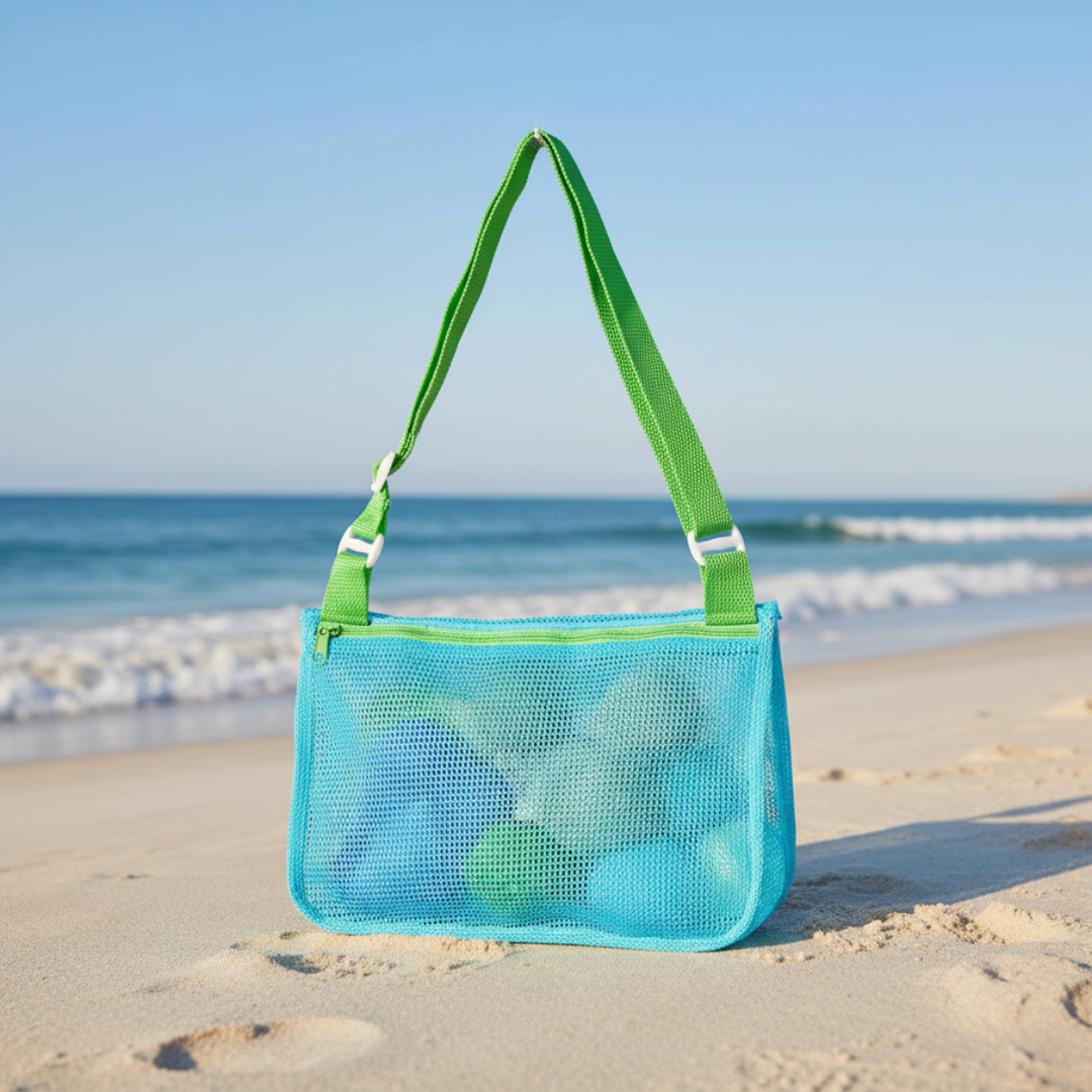 Turquoise mesh beach bag with a green adjustable shoulder strap