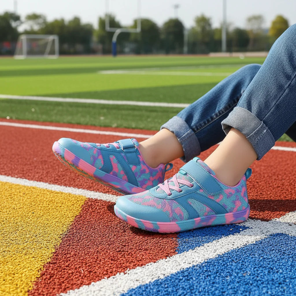 Child wearing turquoise and pink barefoot sneakers on a colorful running track