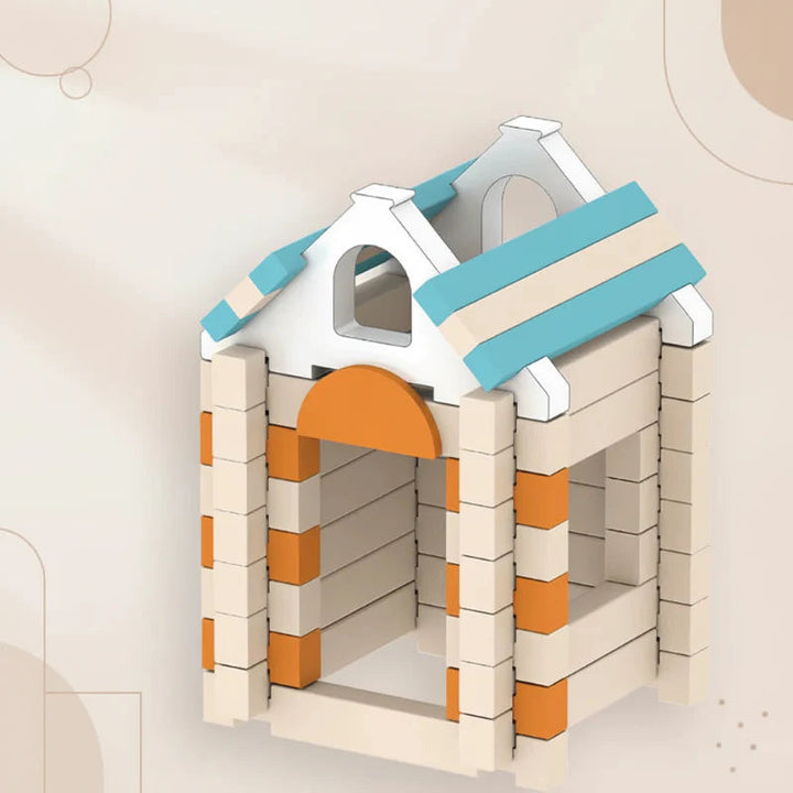 Close-up of interlocking house walls, an orange doorway, and a turquoise-and-white roof