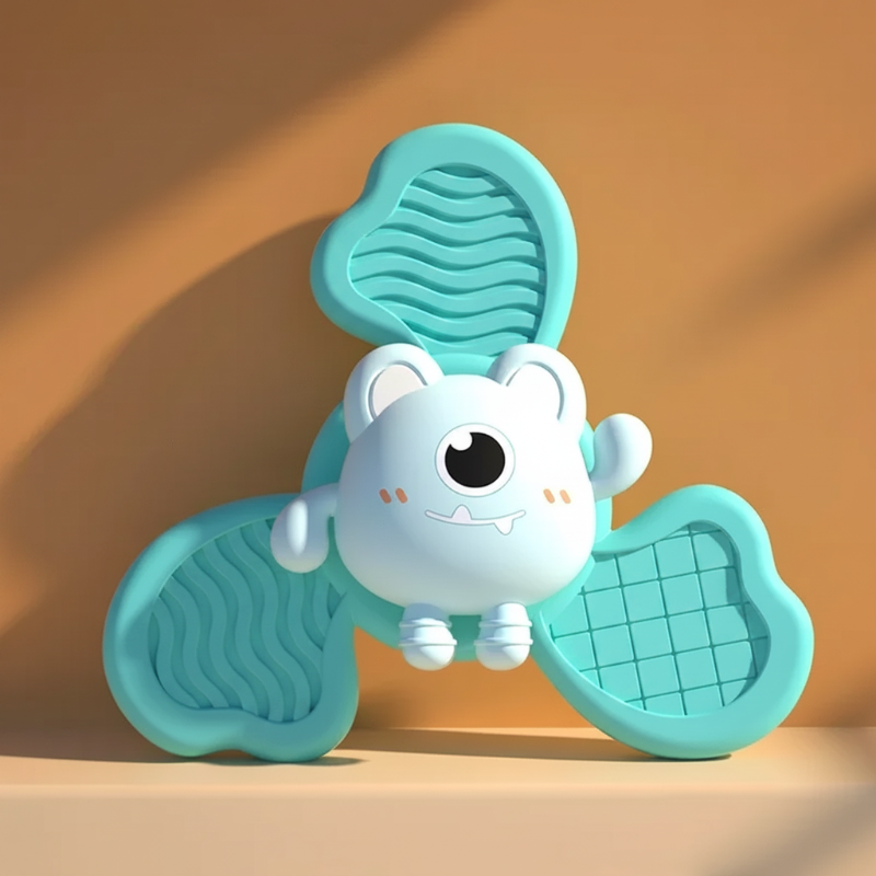 Turquoise three-blade spinner with textured surfaces and a white animal face