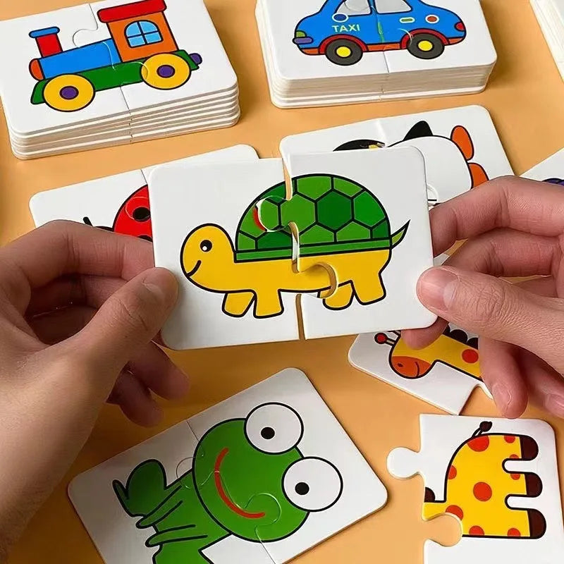 Hands fitting two turtle puzzle pieces with animal and vehicle picture cards nearby