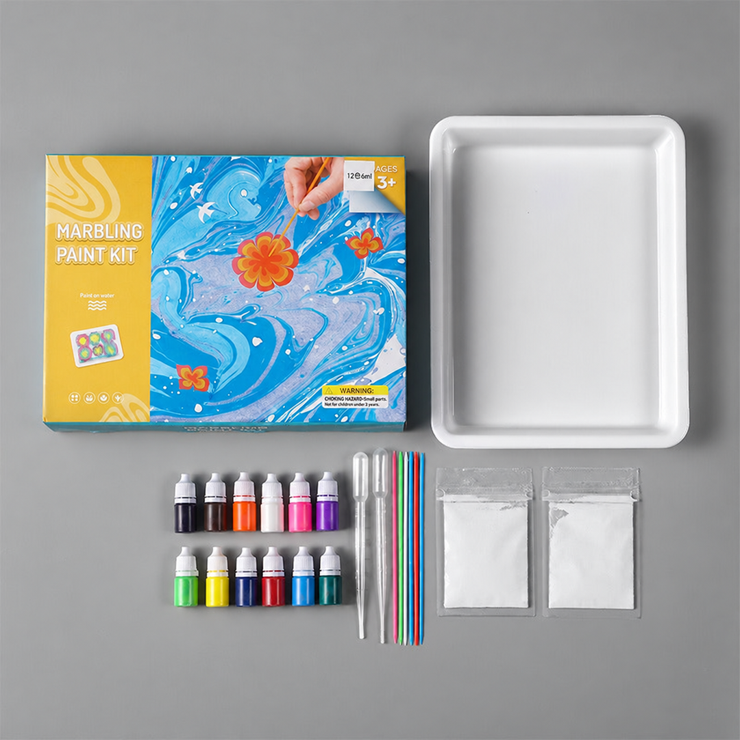 Twelve-color marbling kit with paint bottles, a tray, paper packs, and tools