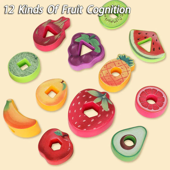 Twelve colorful fruit-shaped lacing pieces with geometric openings