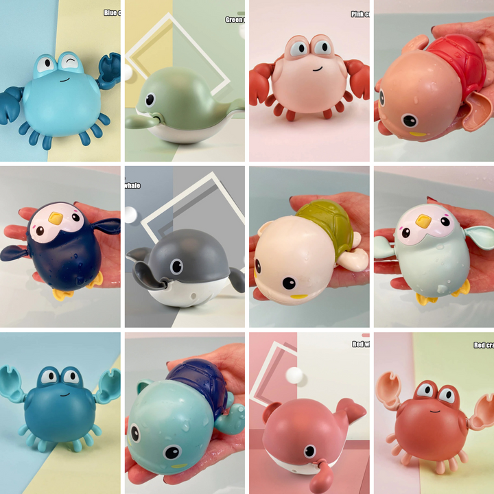 Twelve-piece bath toy set with turtles, crabs, whales, and penguin-shaped toys