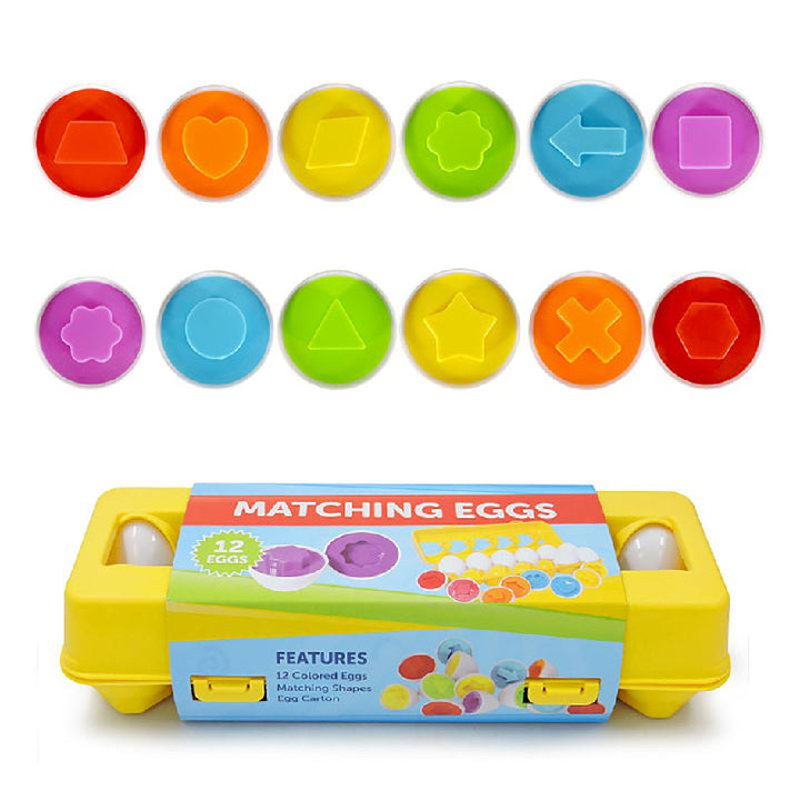 Twelve colorful shapes displayed above the closed yellow egg carton