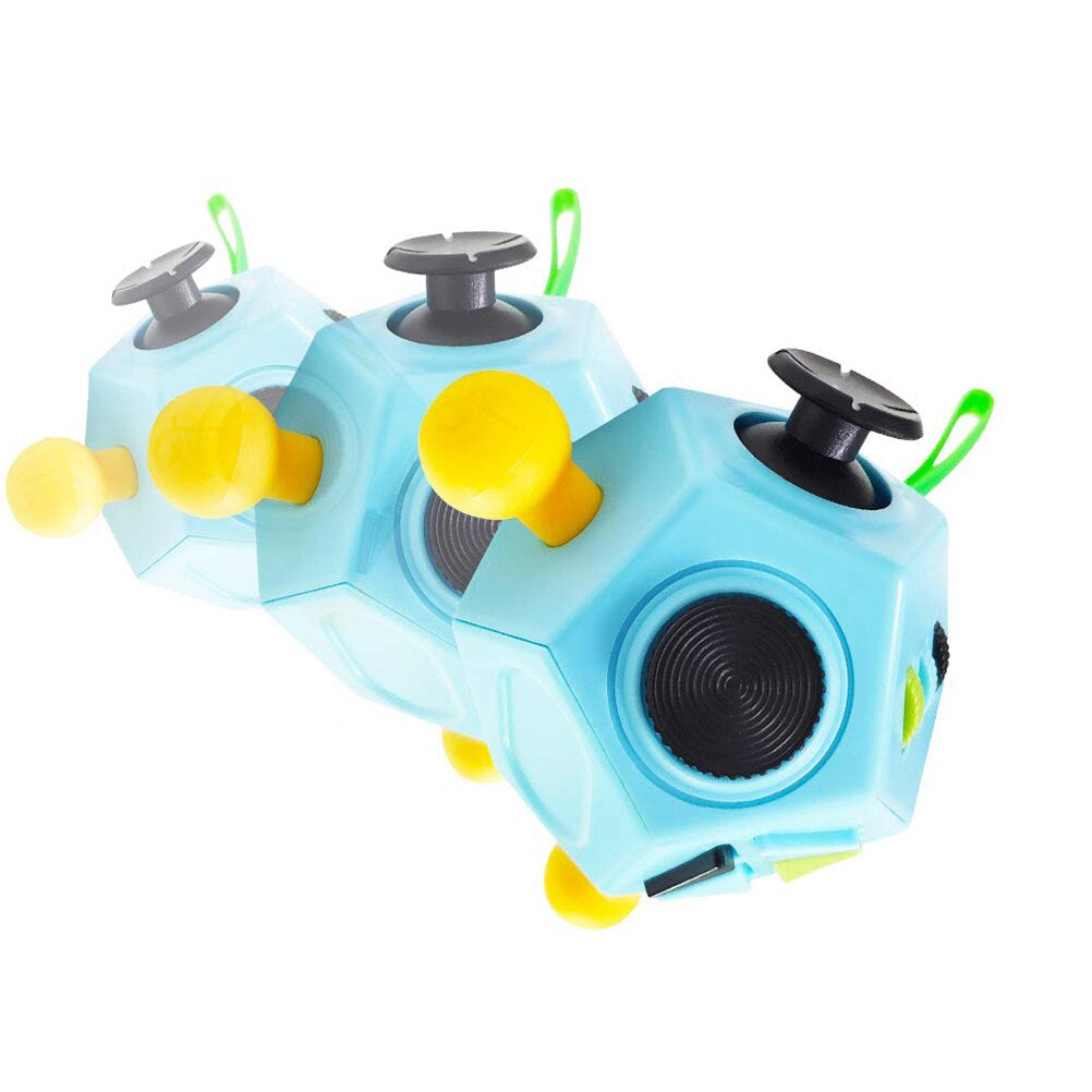 Three views of a light blue fidget cube showing its black joystick, side controls and green loop