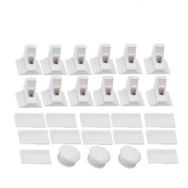 Twelve white cabinet locks with matching mounting plates and three magnetic keys