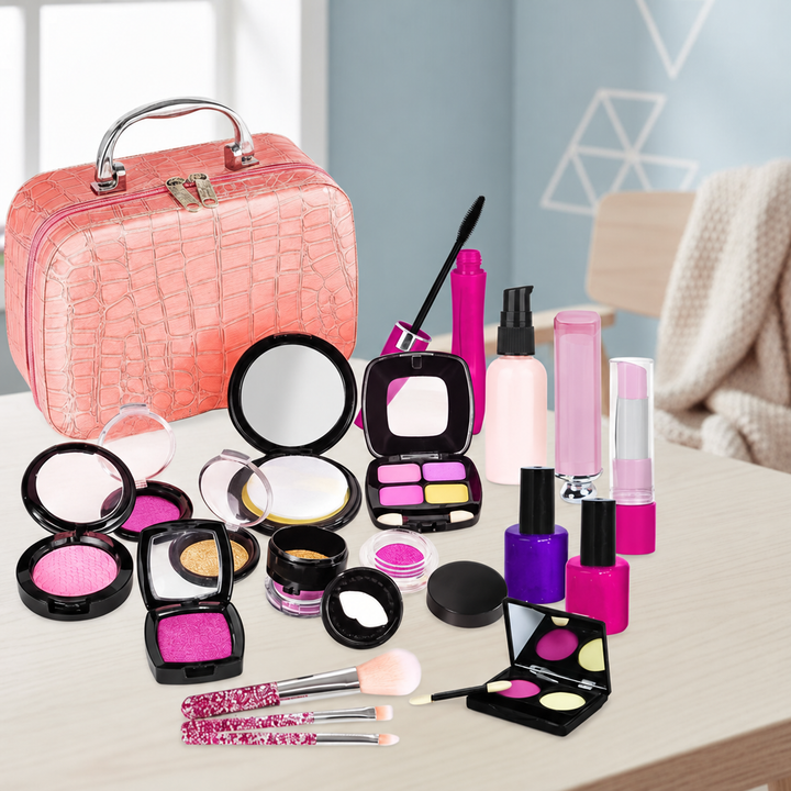 21-piece pretend makeup option with a peach carry case, brushes, compacts, and toy lipstick