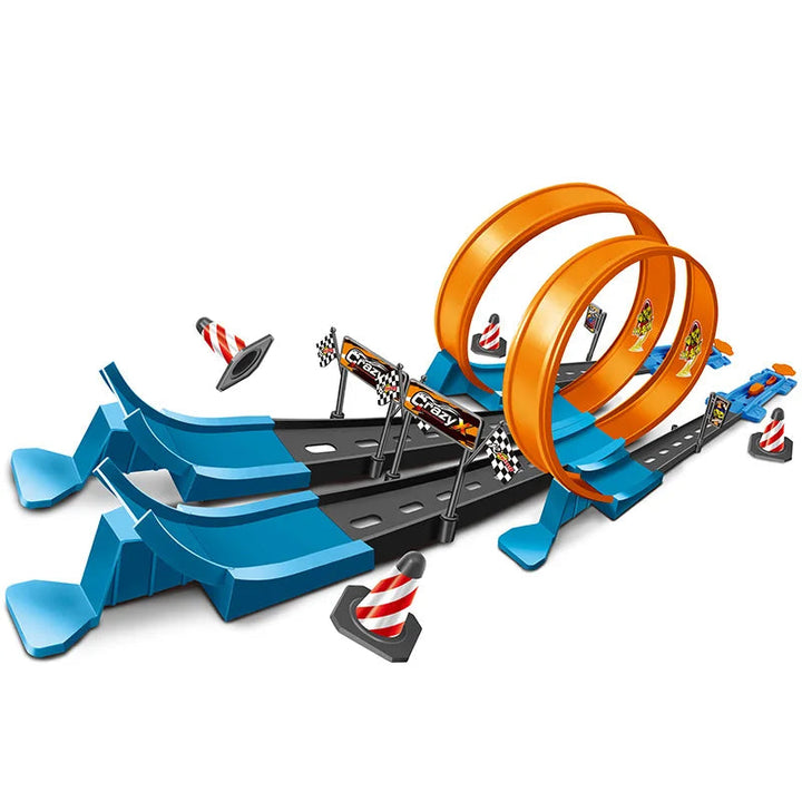 Two-lane toy race track with orange loops, blue launchers, and checkered flags.