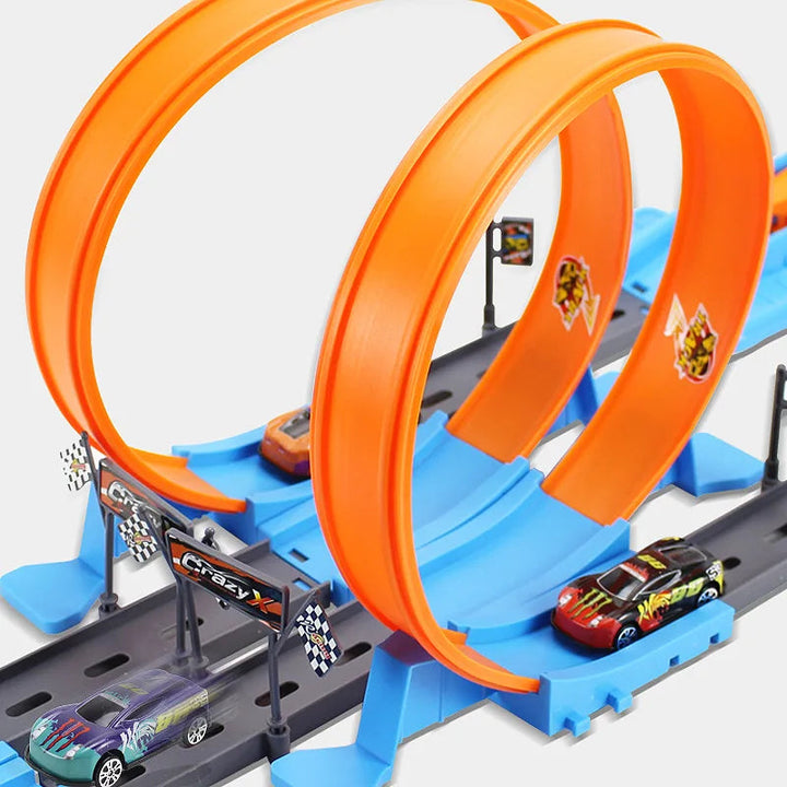 Twin orange track loops with toy cars, blue supports, and a checkered race arch.